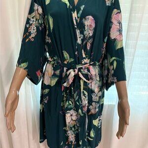 Soma Teal Floral Kimono Robe size s/m Small Medium